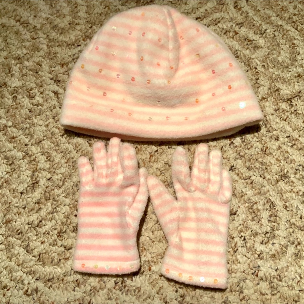 GAP Kids Pink White Striped Fleece Winter Hat & Gloves Set S/M
